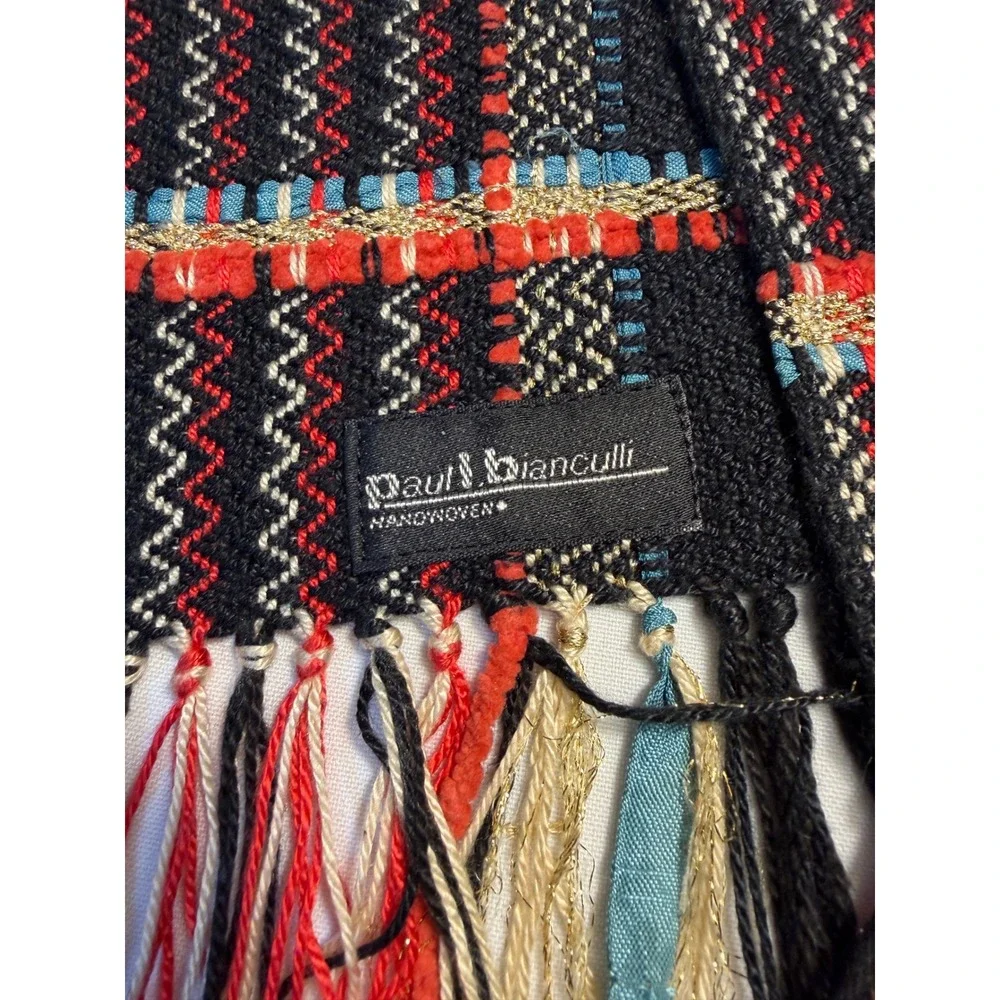 Paul Bianculli Handwoven Scarf  Multi color Striped‎ Fringe Artisan vintage